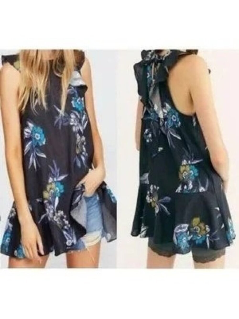 Free People Summer in Tulum Black Floral Linen Mini Dress